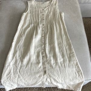 Beige, pleated, button front linen dress